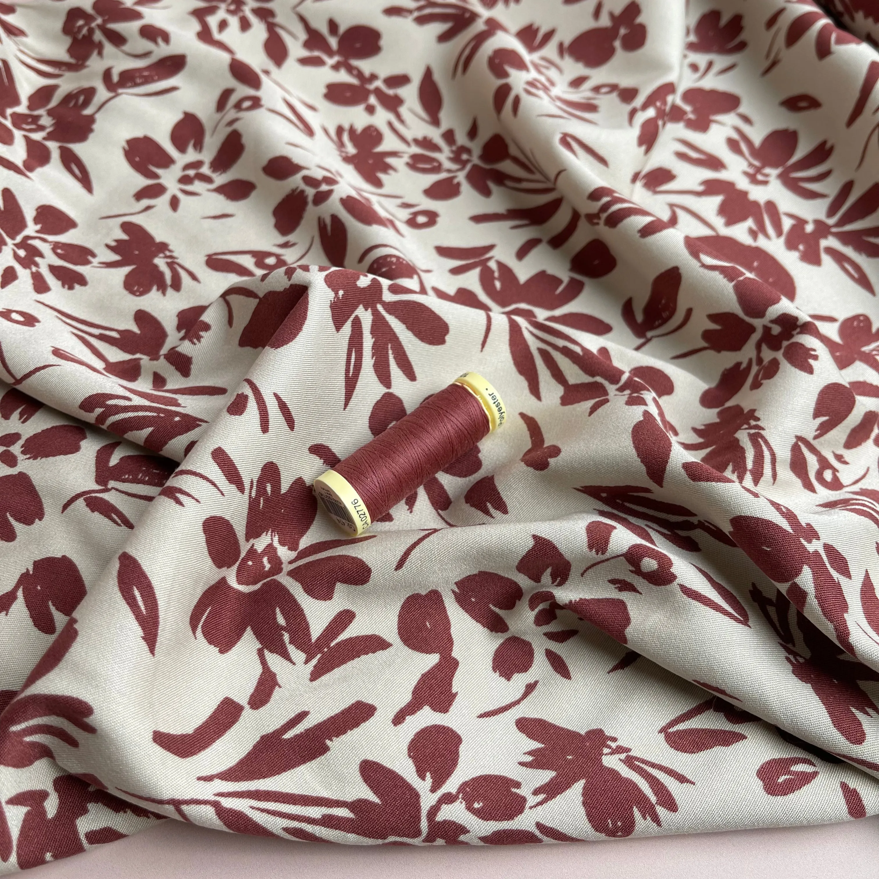 Rosella Rosewood Flowers on Beige Stretch Viscose Twill Fabric