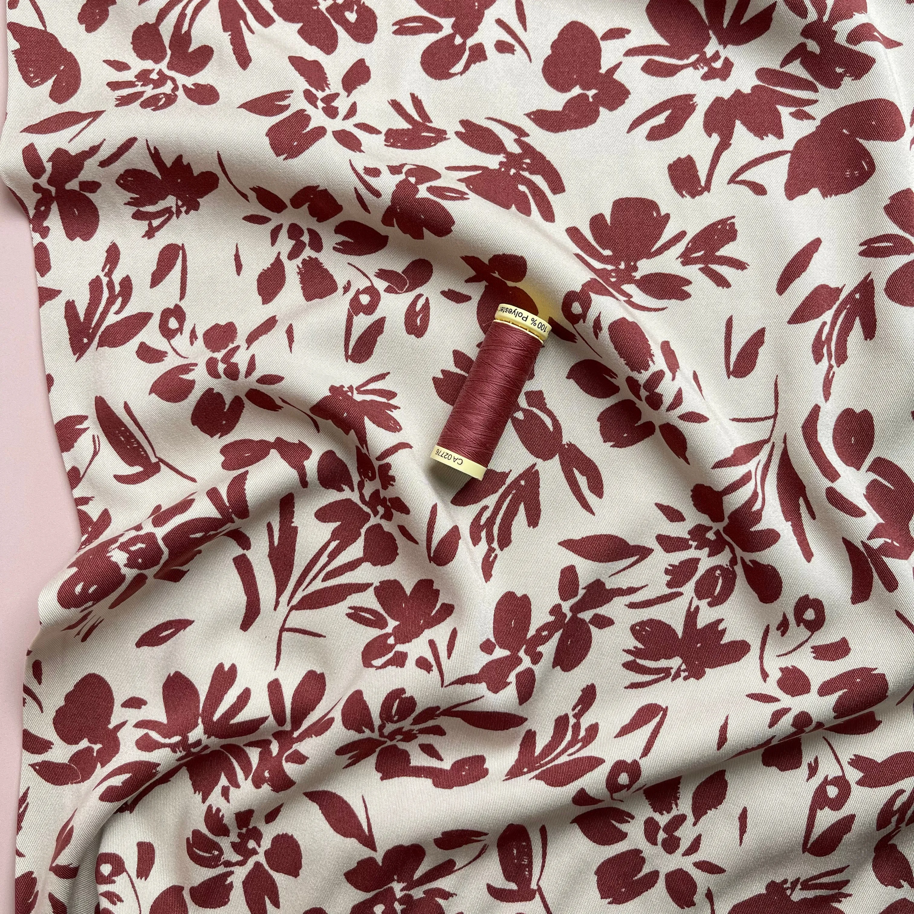 Rosella Rosewood Flowers on Beige Stretch Viscose Twill Fabric