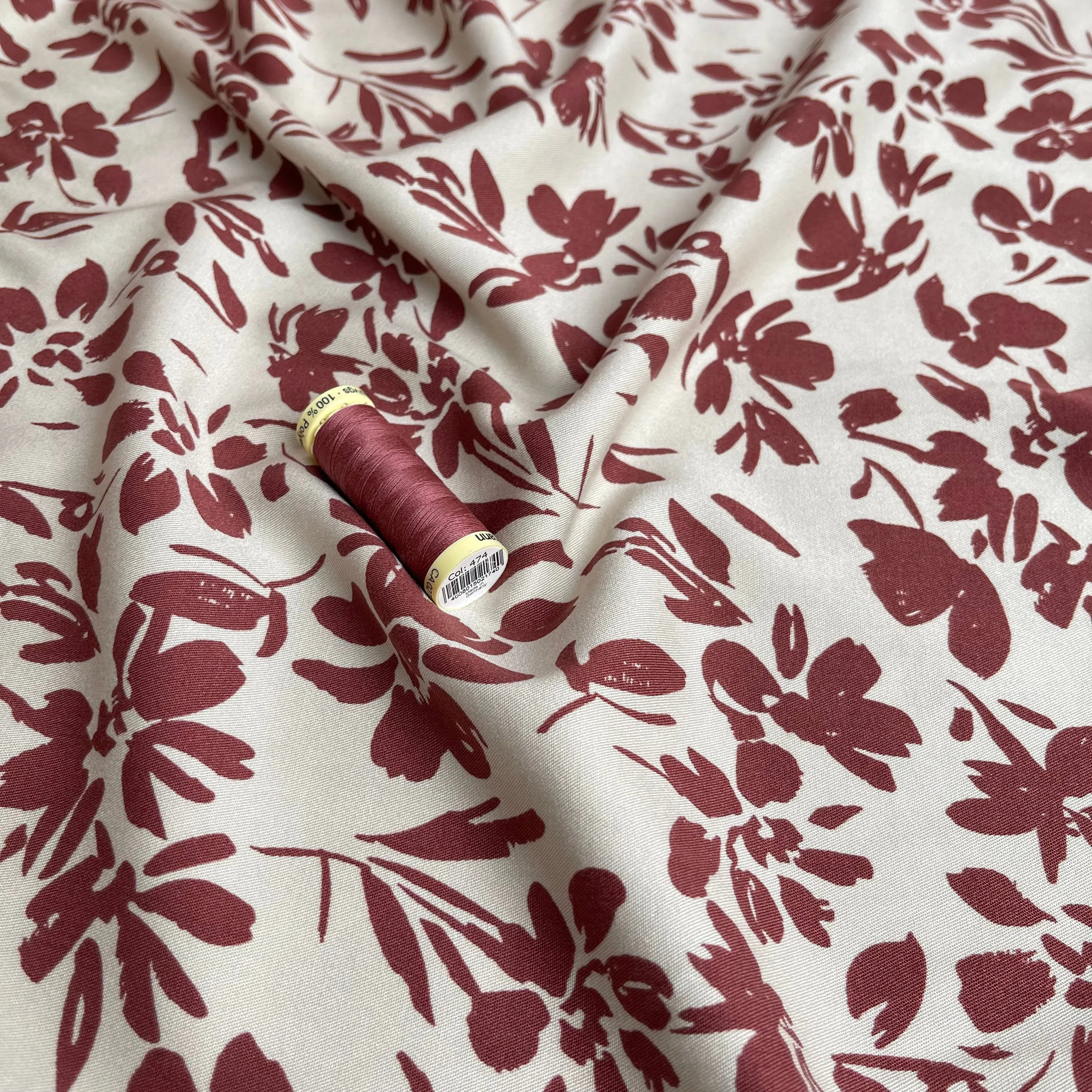 Rosella Rosewood Flowers on Beige Stretch Viscose Twill Fabric