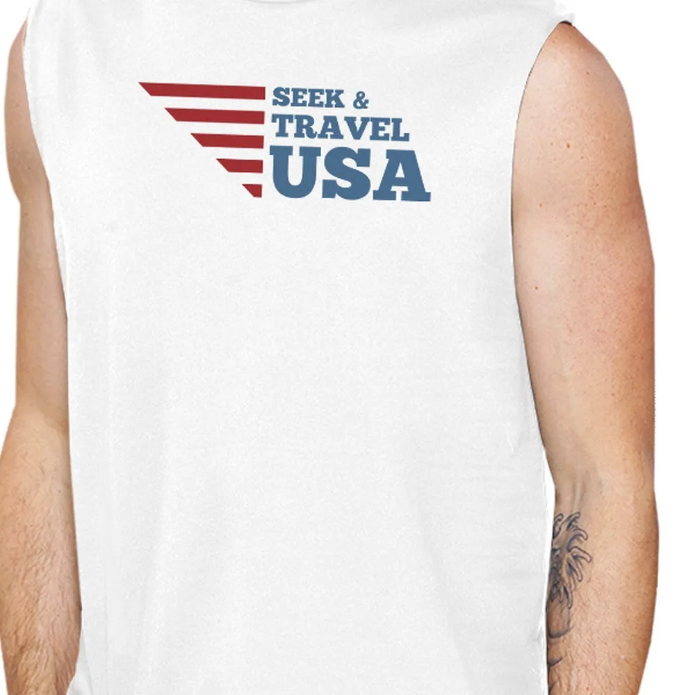 Seek & Travel USA Mens White Sleeveless Tee Shirt Round Neck Cotton