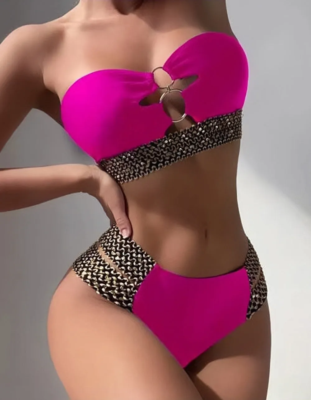 Solid-color Bandeau Hollow Out Beach Bikini Swimwear Sets