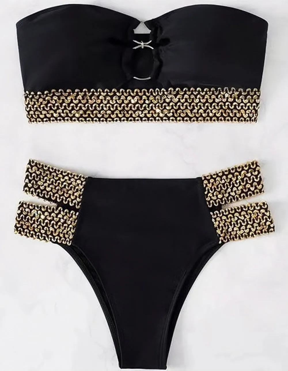 Solid-color Bandeau Hollow Out Beach Bikini Swimwear Sets