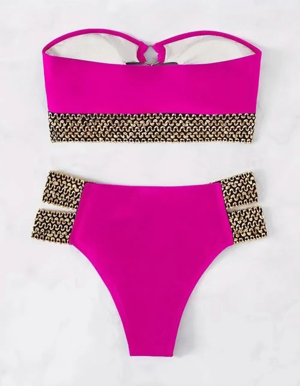 Solid-color Bandeau Hollow Out Beach Bikini Swimwear Sets