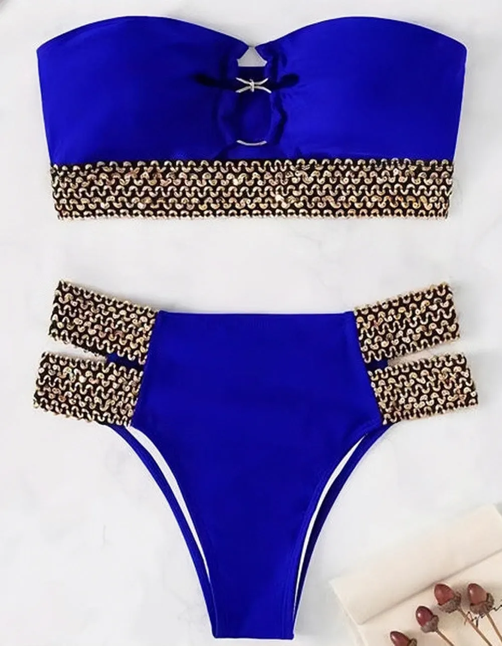 Solid-color Bandeau Hollow Out Beach Bikini Swimwear Sets