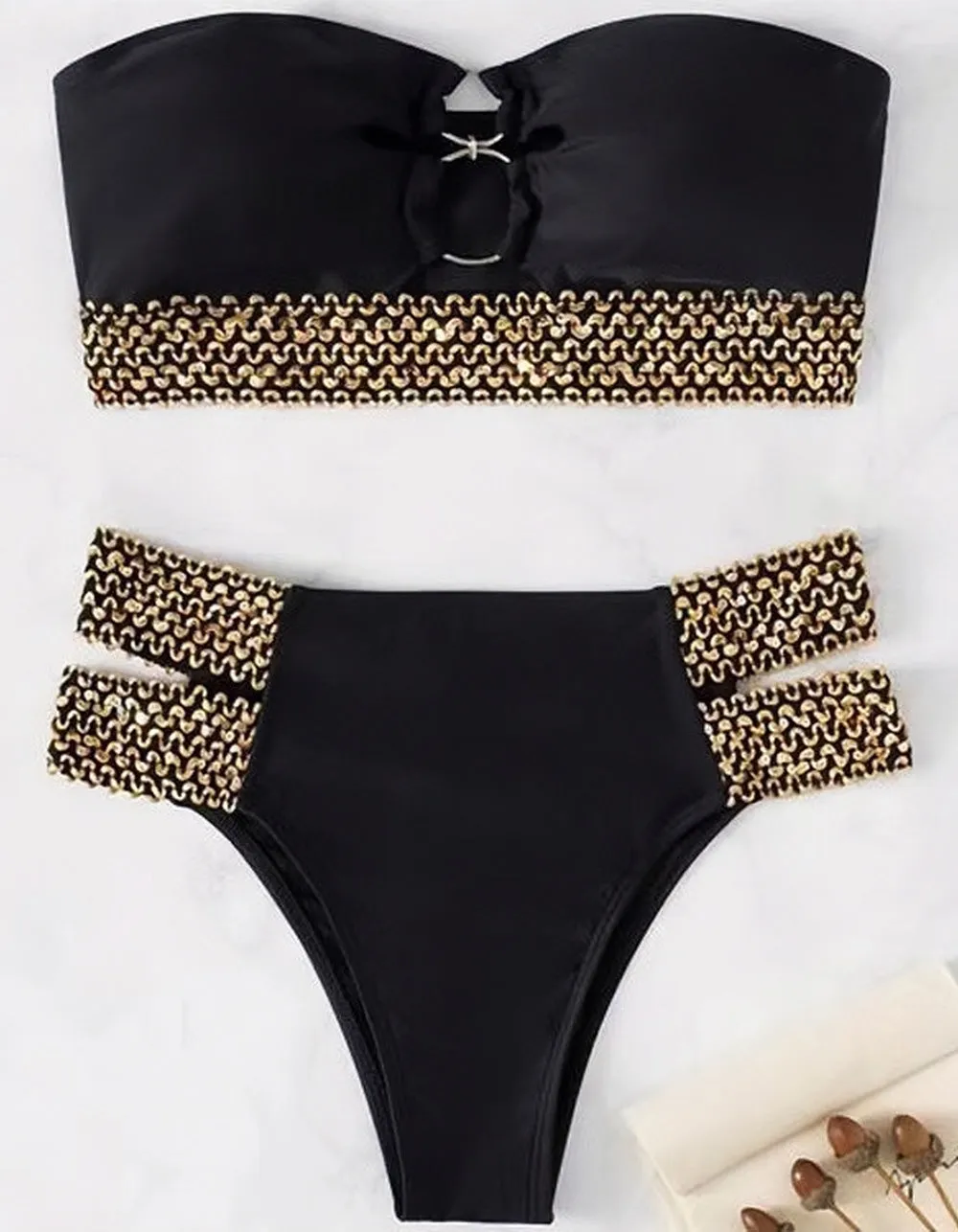 Solid-color Bandeau Hollow Out Beach Bikini Swimwear Sets