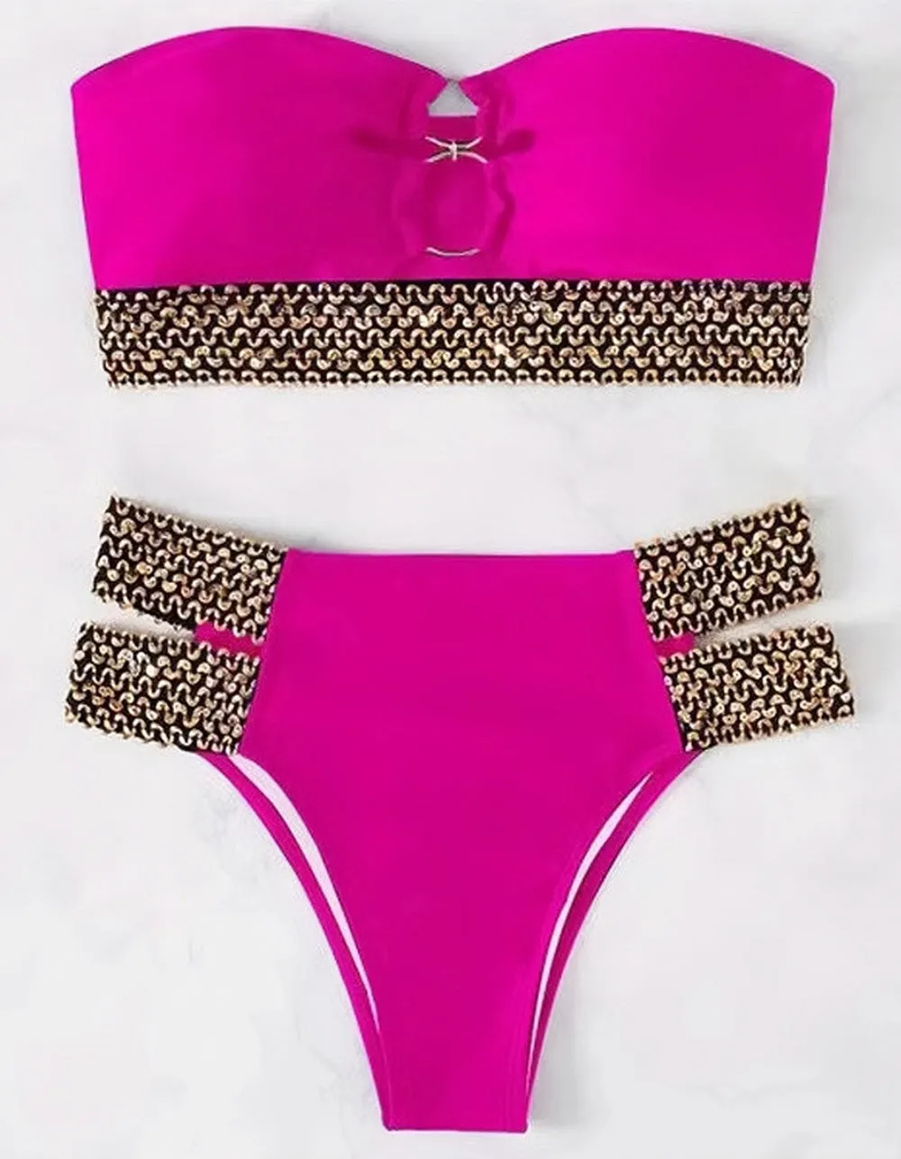 Solid-color Bandeau Hollow Out Beach Bikini Swimwear Sets