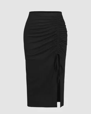 Solid Drawstring Split Maxi Black Skirt Curve & Plus
