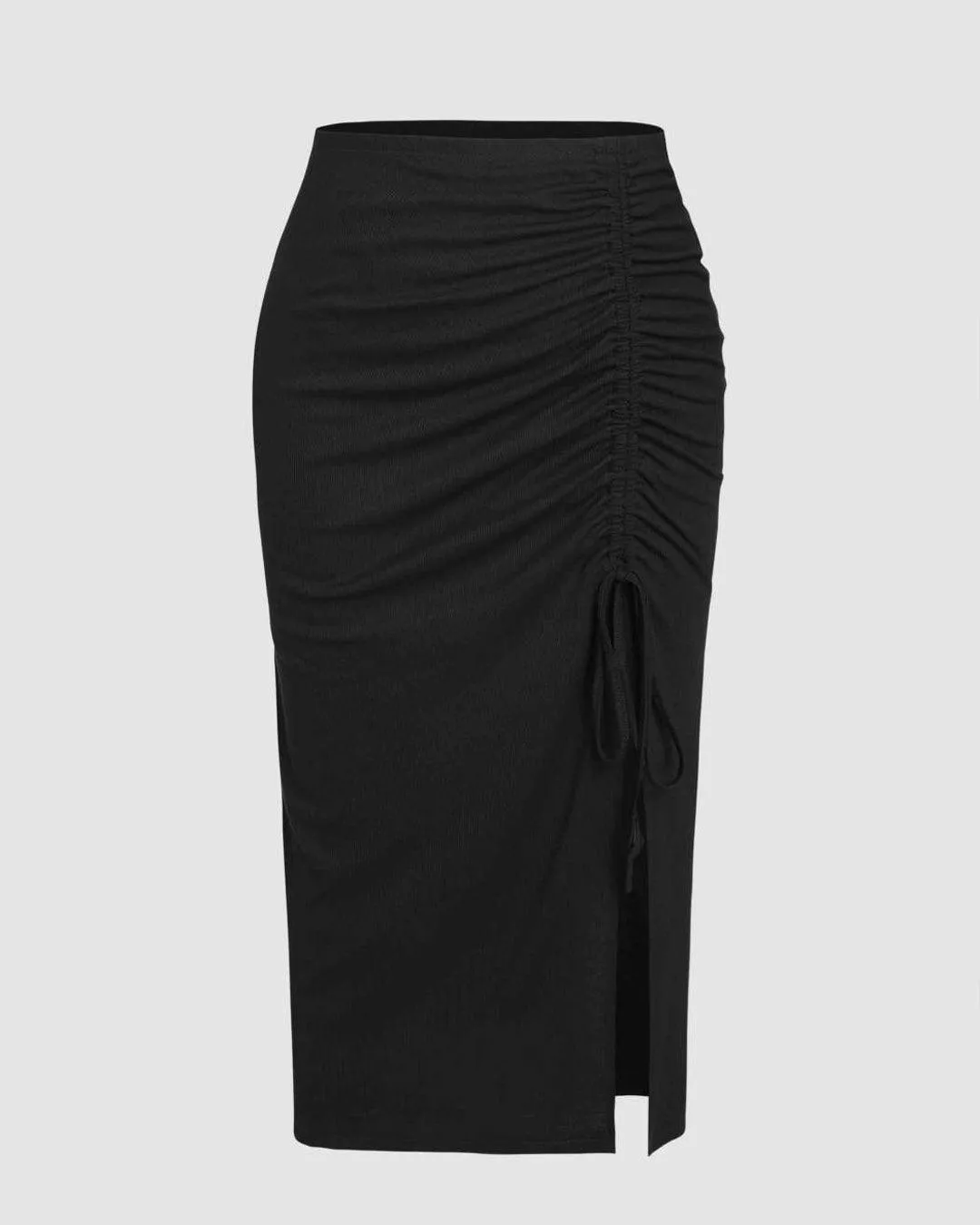 Solid Drawstring Split Maxi Black Skirt Curve & Plus