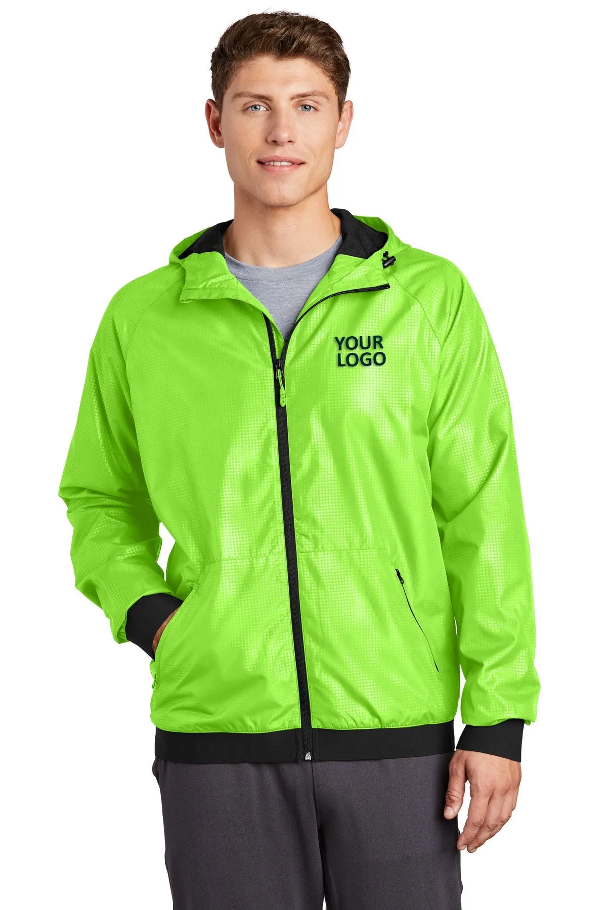Sport-Tek Embossed Hooded Custom Wind Jackets, Lime Shock/ Black