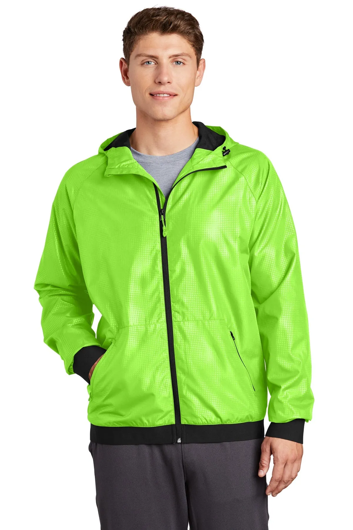 Sport-Tek Embossed Hooded Custom Wind Jackets, Lime Shock/ Black