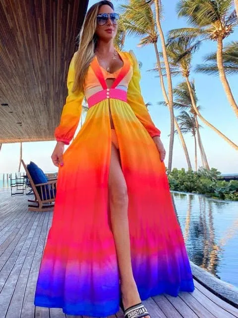 Swimsuit Cover Up - Lightweight Chiffon, Bohemian Style, Solid Pattern