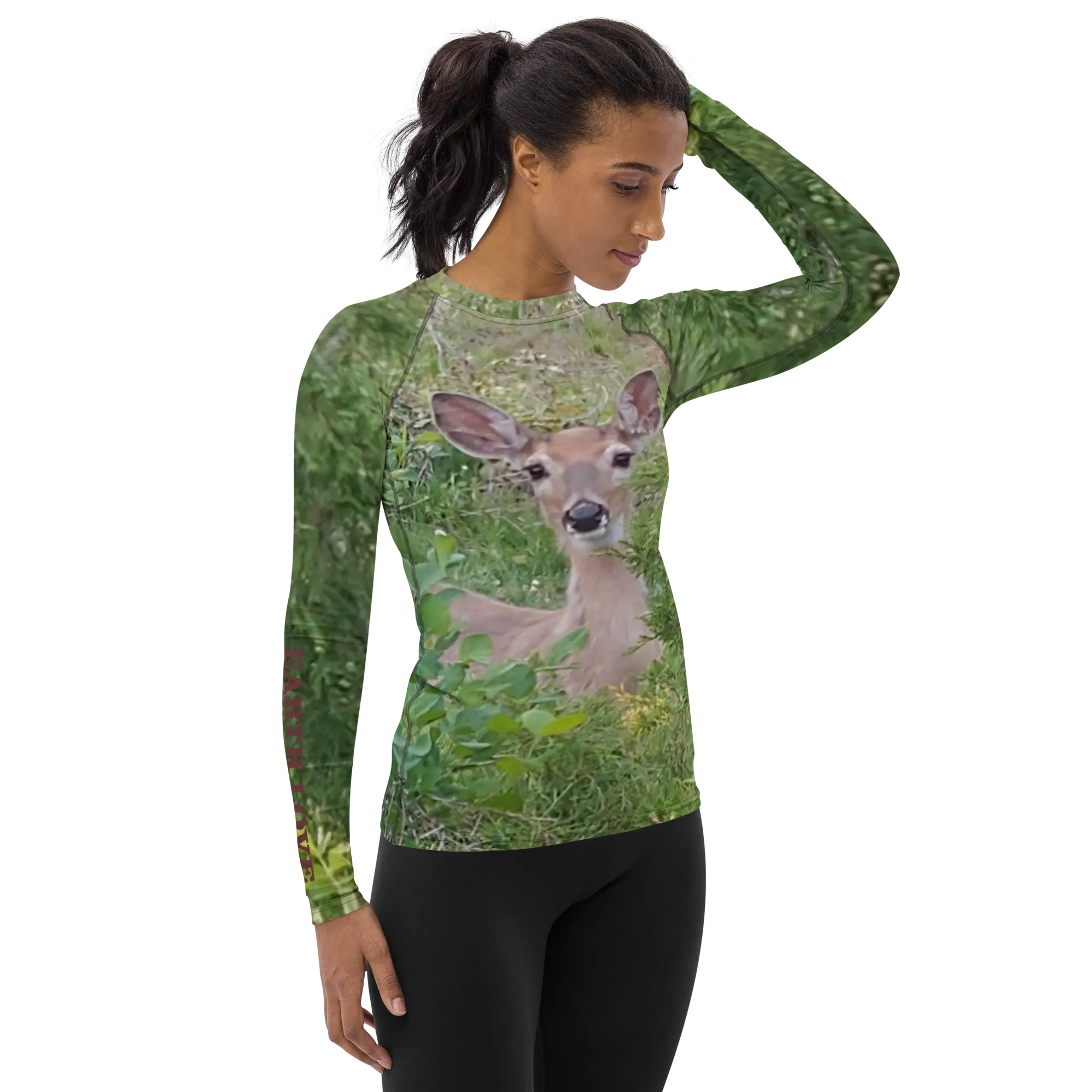 The EARTH LOVE COLLECTION - "A Divine Doe" Design Luxurious Women's Rash Guard, Sun Protective Clothing, Sports & Fitness Clothing