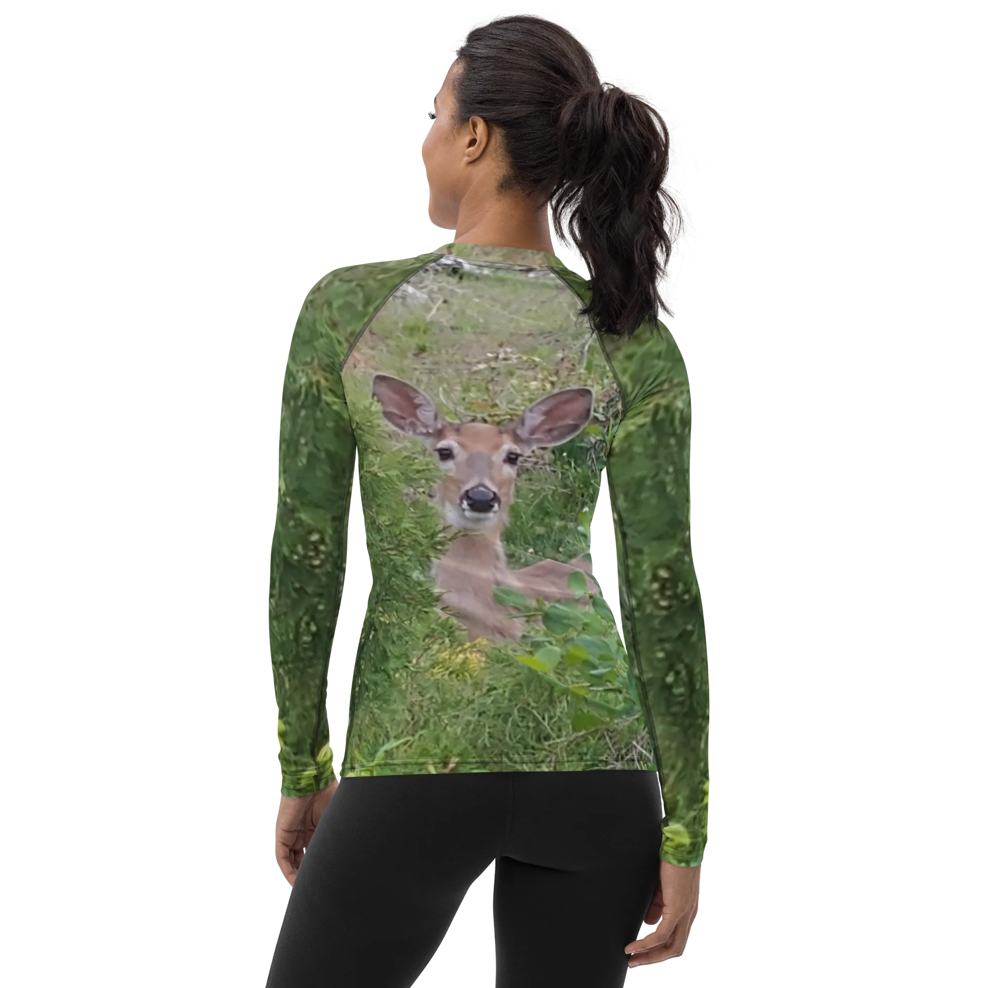 The EARTH LOVE COLLECTION - "A Divine Doe" Design Luxurious Women's Rash Guard, Sun Protective Clothing, Sports & Fitness Clothing