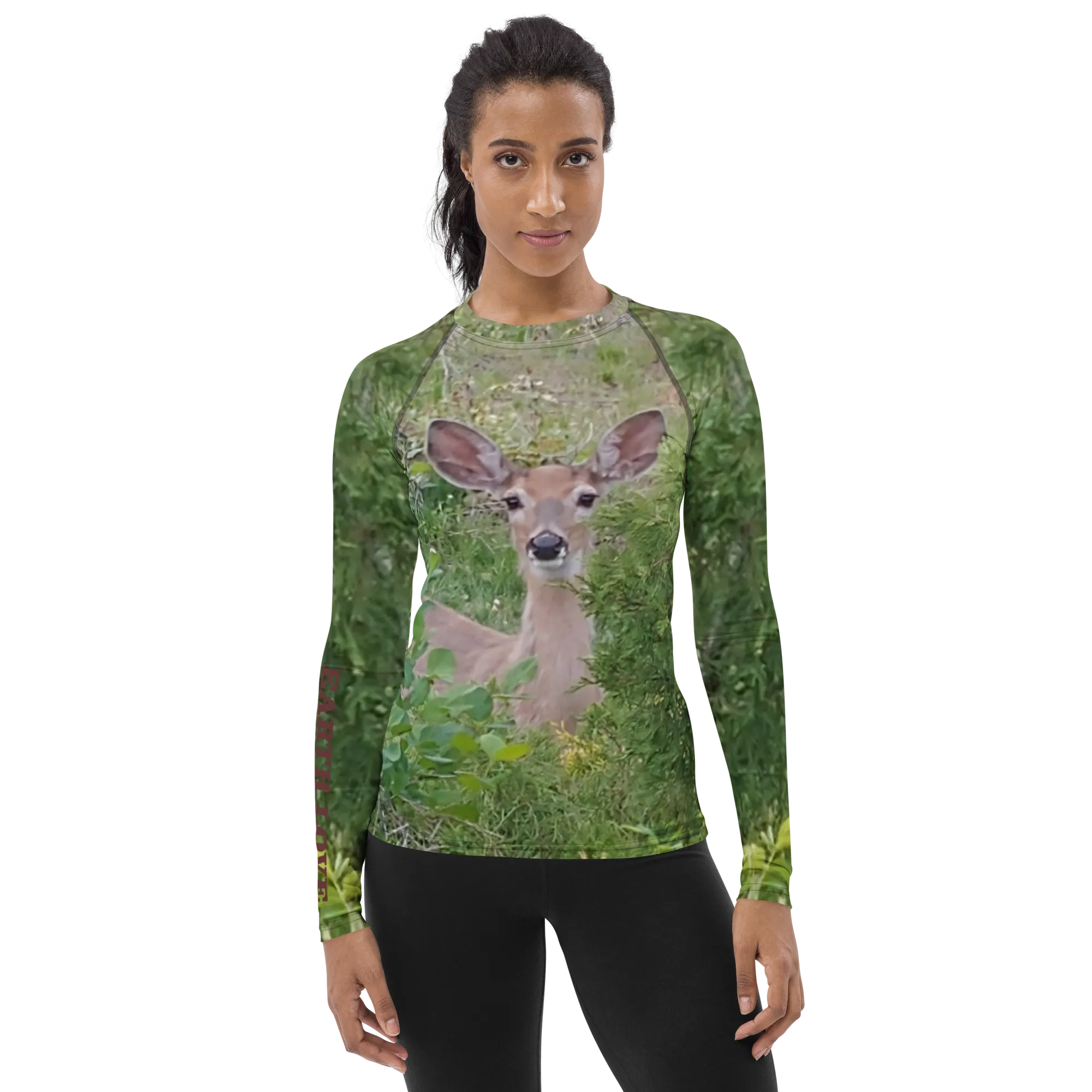 The EARTH LOVE COLLECTION - "A Divine Doe" Design Luxurious Women's Rash Guard, Sun Protective Clothing, Sports & Fitness Clothing