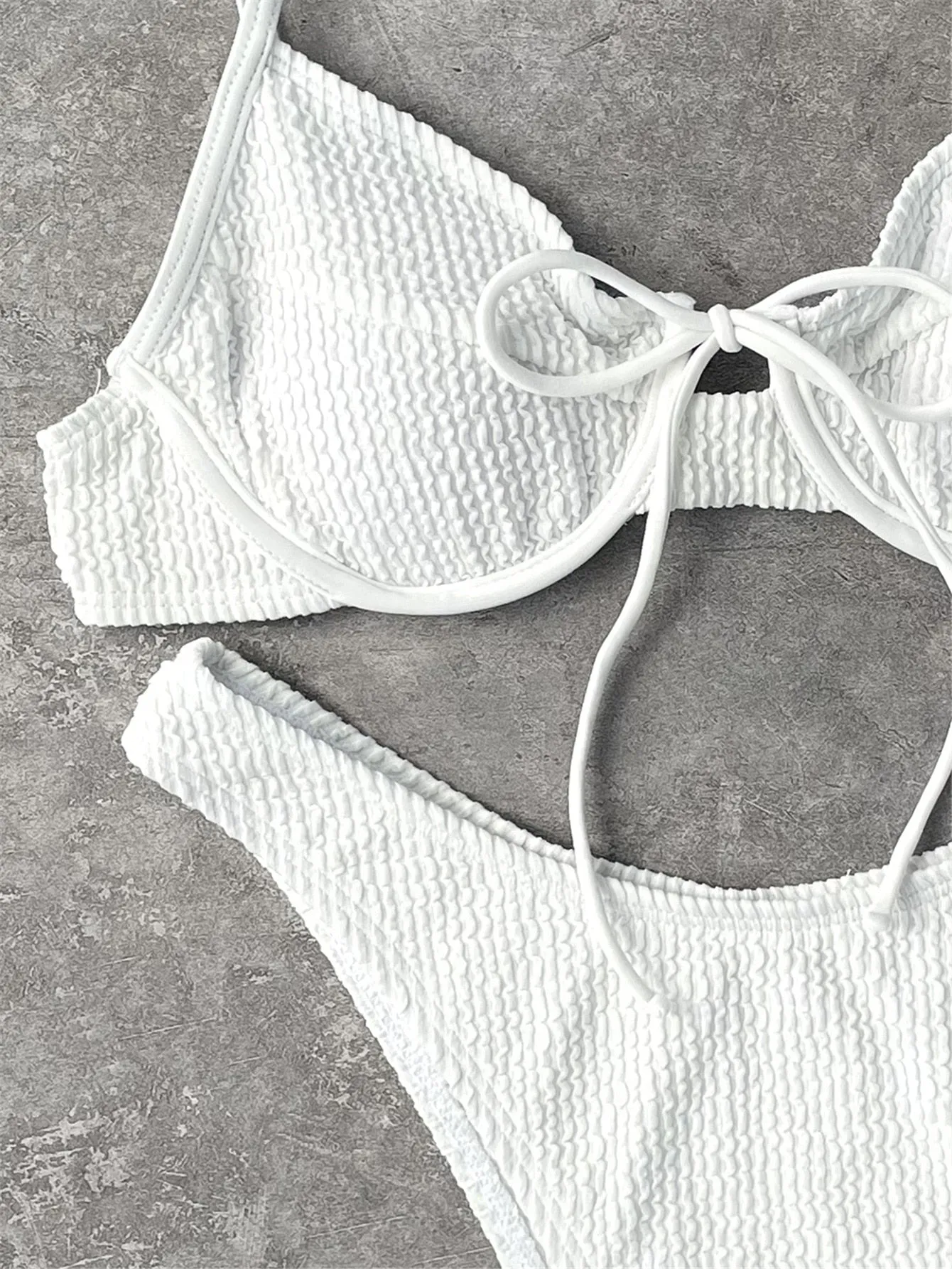 VenusFox White Swimsuit Women Ribbed Underwire Bathing Suit Women Designer  Tie Front Push Up Swimwear 2 Piece Sets Womens String Bikini