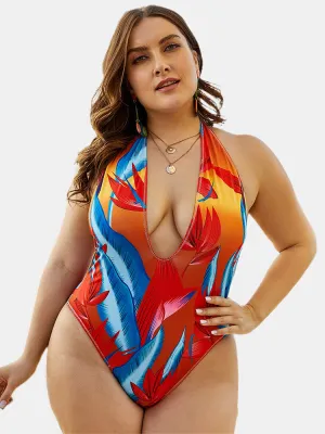 Women Halter Deep Necklines Backless High Waisted Swimwear