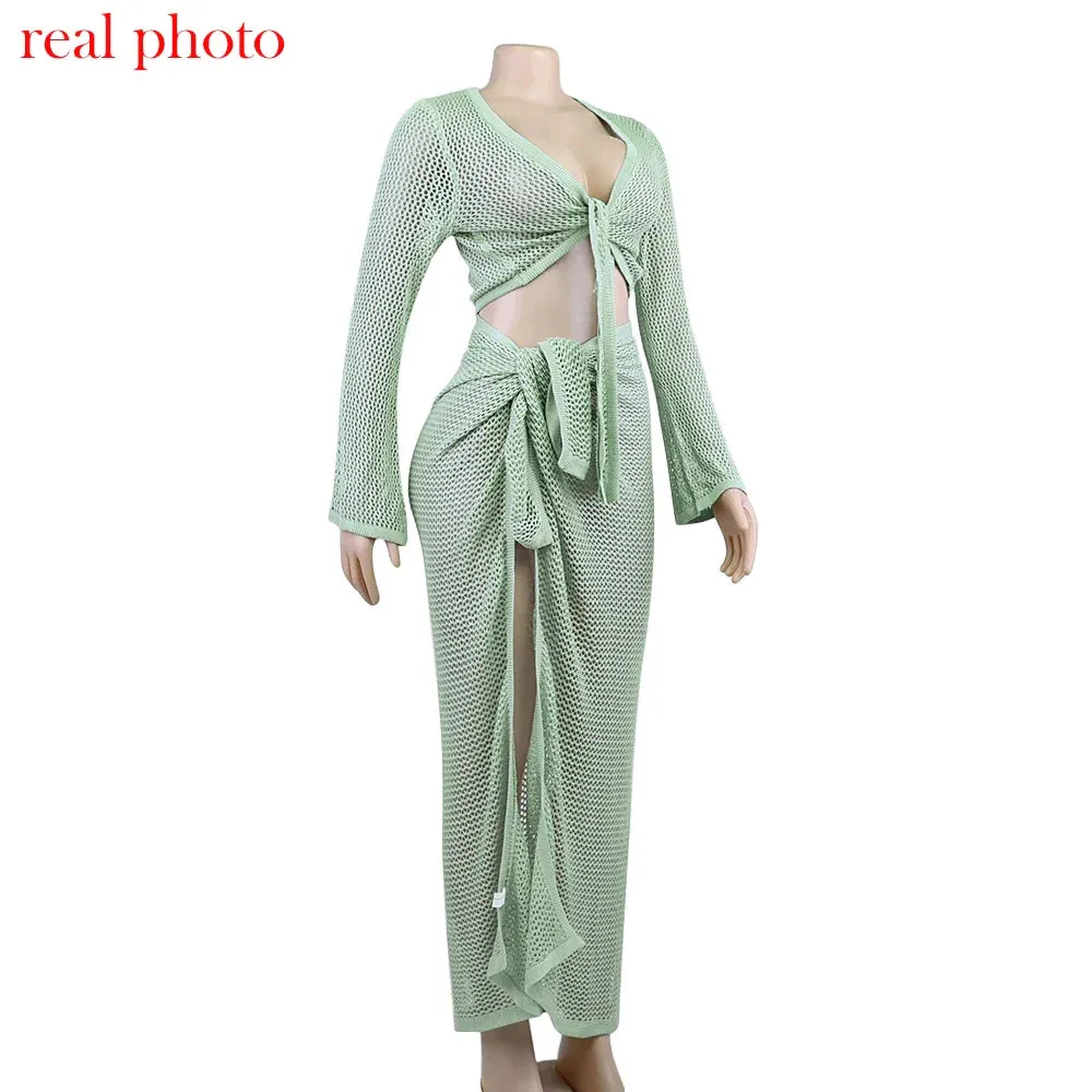Women Wrap Knit Top & Skirt Beach Cover-Up Set