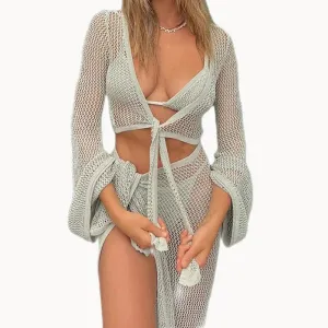 Women Wrap Knit Top & Skirt Beach Cover-Up Set