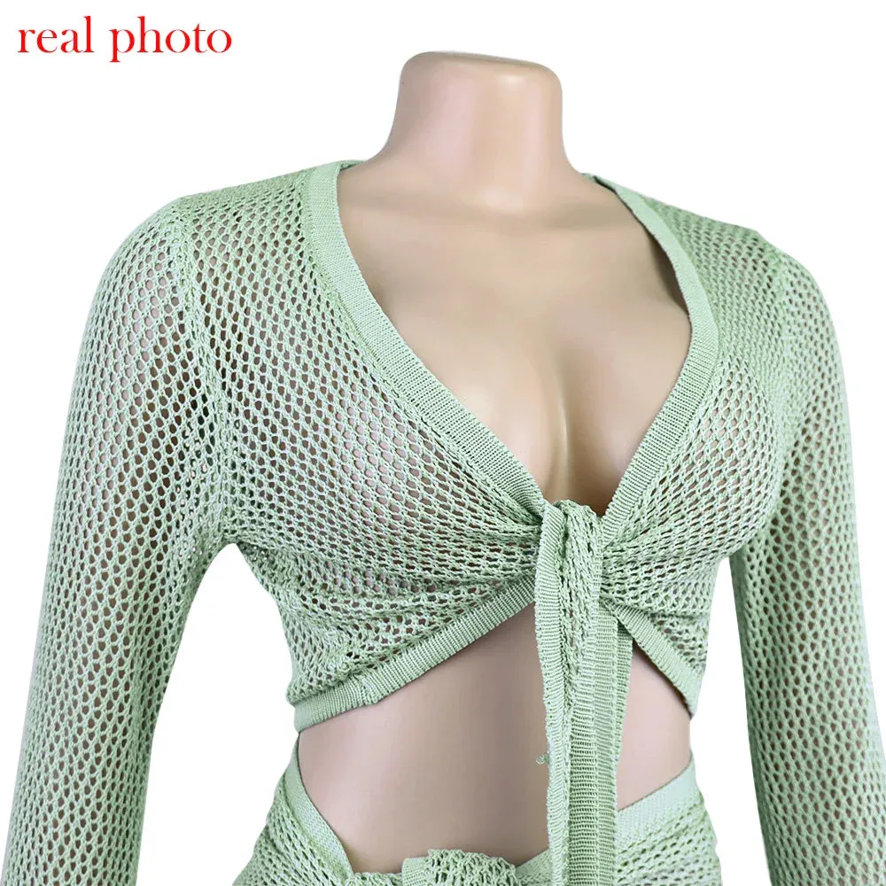 Women Wrap Knit Top & Skirt Beach Cover-Up Set