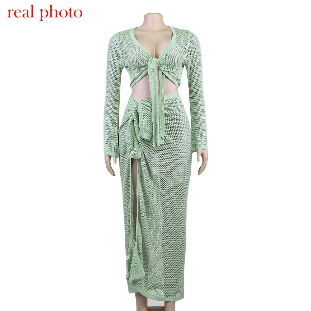 Women Wrap Knit Top & Skirt Beach Cover-Up Set
