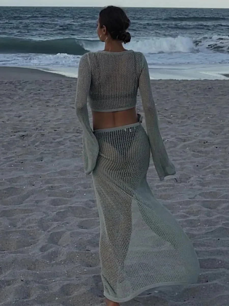 Women Wrap Knit Top & Skirt Beach Cover-Up Set