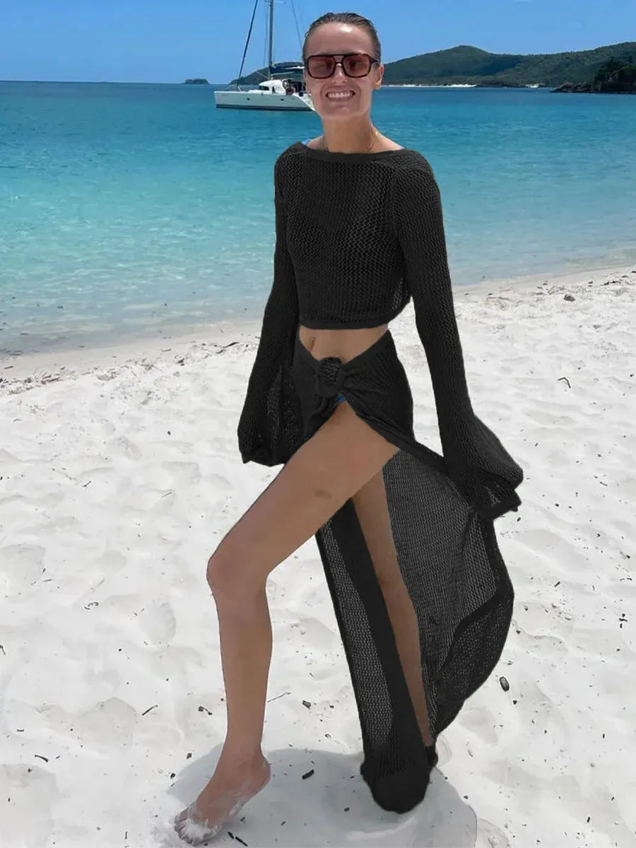 Women Wrap Knit Top & Skirt Beach Cover-Up Set