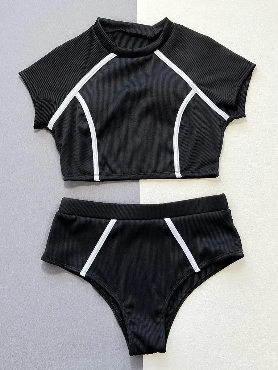 Women's Black Bikini Set - Designer Round Neck Swimwear