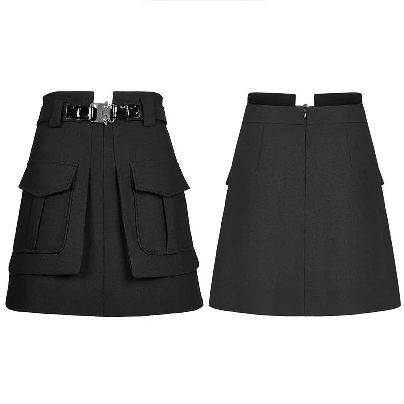 Women's Collect A Line Black Half Personality Casual Women Mini Functional Buckle Decoration Skirt