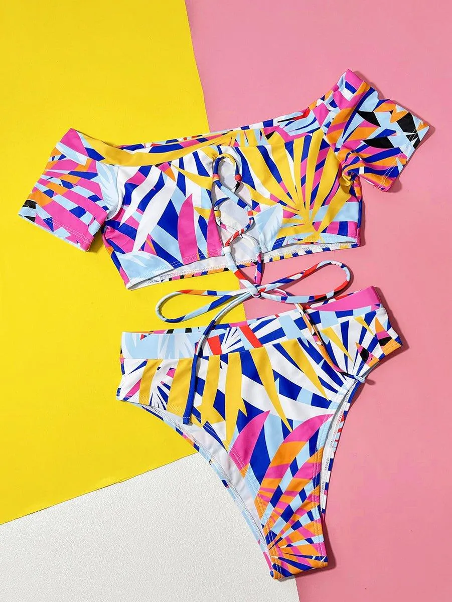 Women's Floral Short-Sleeve Bikini Set - Sexy Swimwear for Beach & Pool by GFIT