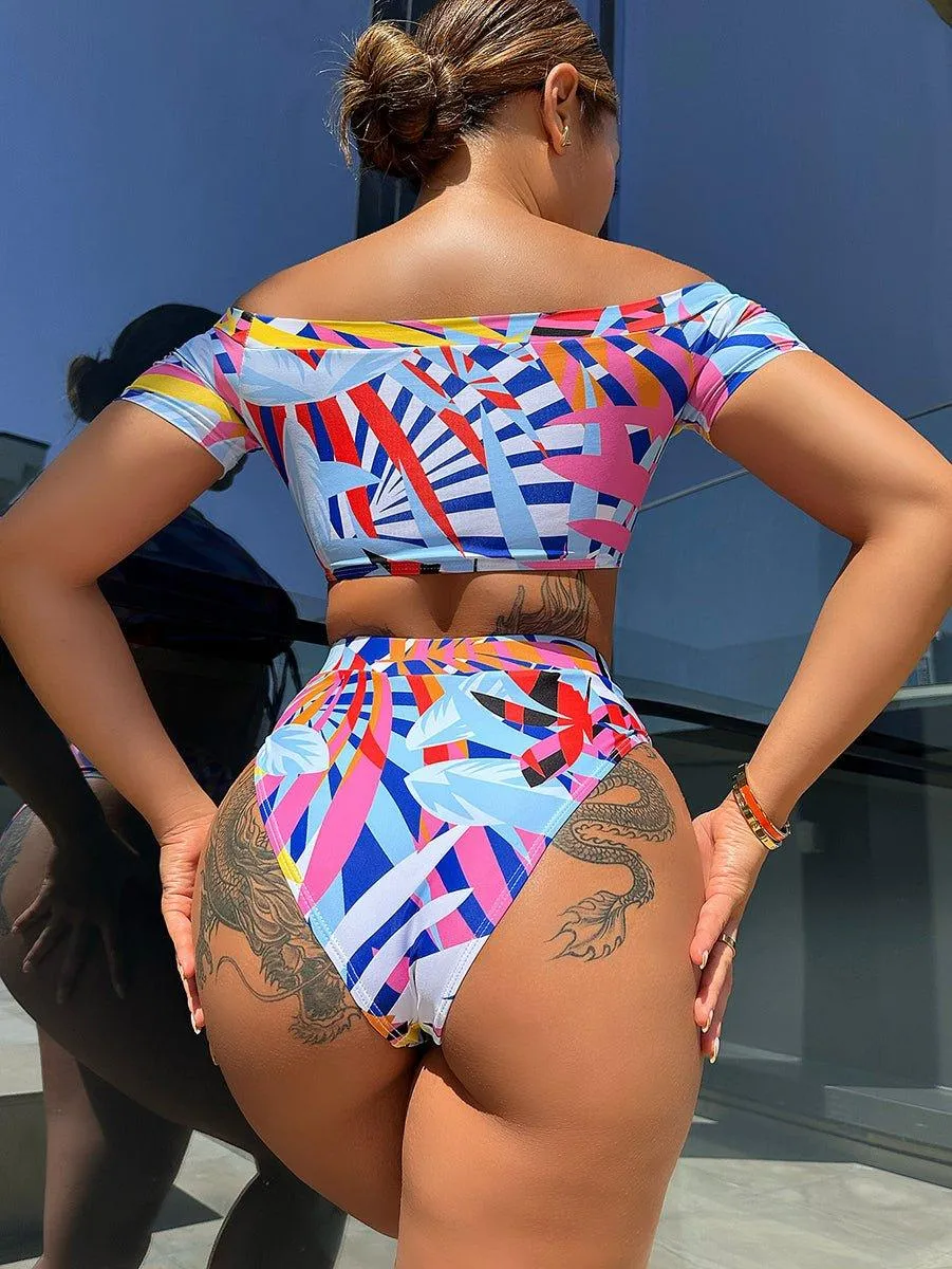 Women's Floral Short-Sleeve Bikini Set - Sexy Swimwear for Beach & Pool by GFIT