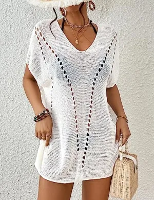 Women's Short Sleeve Crochet Swimsuit Cover Up