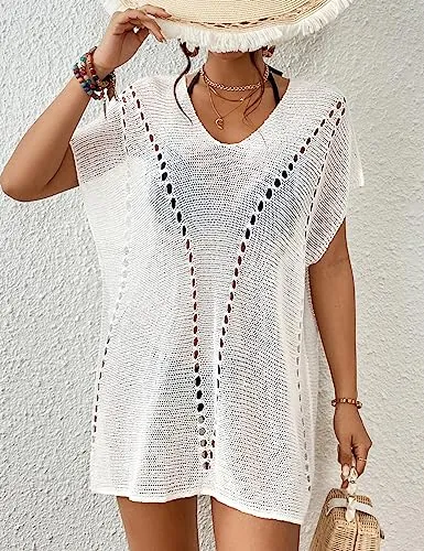 Women's Short Sleeve Crochet Swimsuit Cover Up