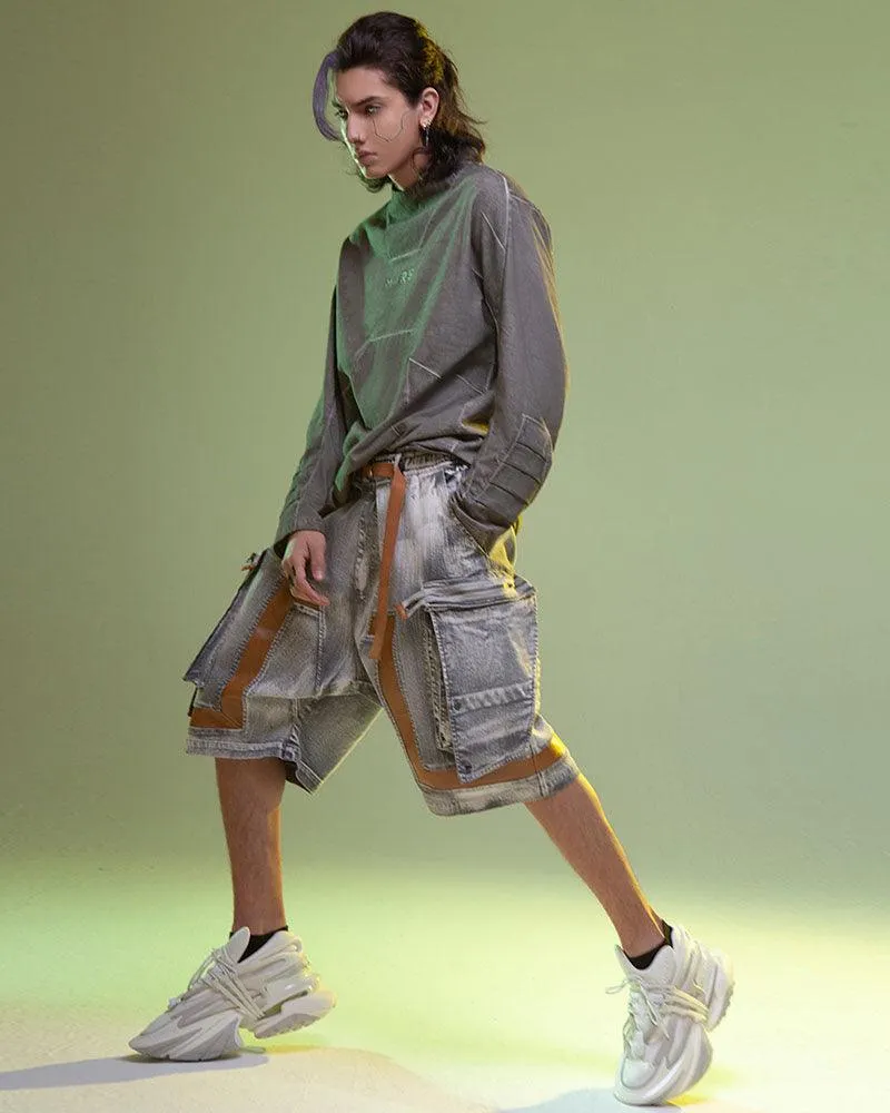 XIPHEVIL Cyberpunk Meteorite Washed Cargo Denim Shorts