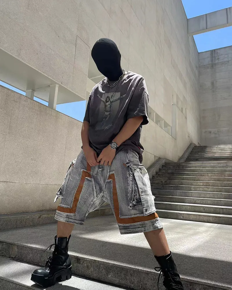 XIPHEVIL Cyberpunk Meteorite Washed Cargo Denim Shorts