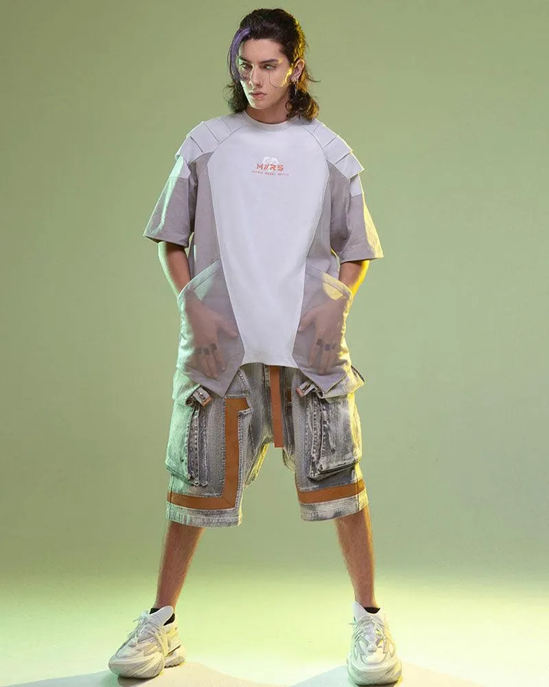 XIPHEVIL Cyberpunk Meteorite Washed Cargo Denim Shorts