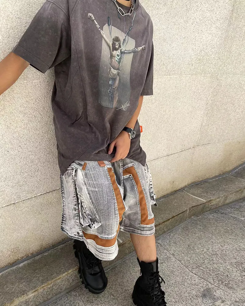 XIPHEVIL Cyberpunk Meteorite Washed Cargo Denim Shorts