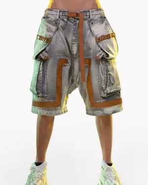 XIPHEVIL Cyberpunk Meteorite Washed Cargo Denim Shorts