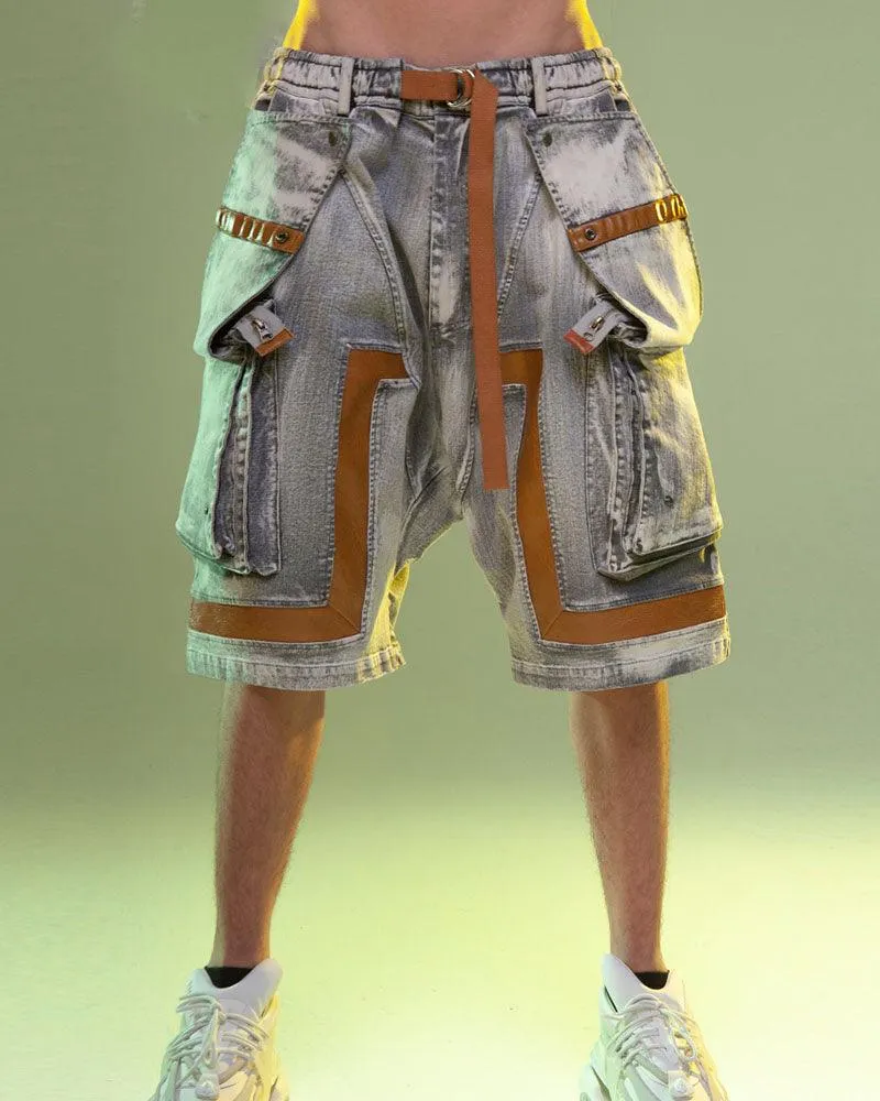 XIPHEVIL Cyberpunk Meteorite Washed Cargo Denim Shorts