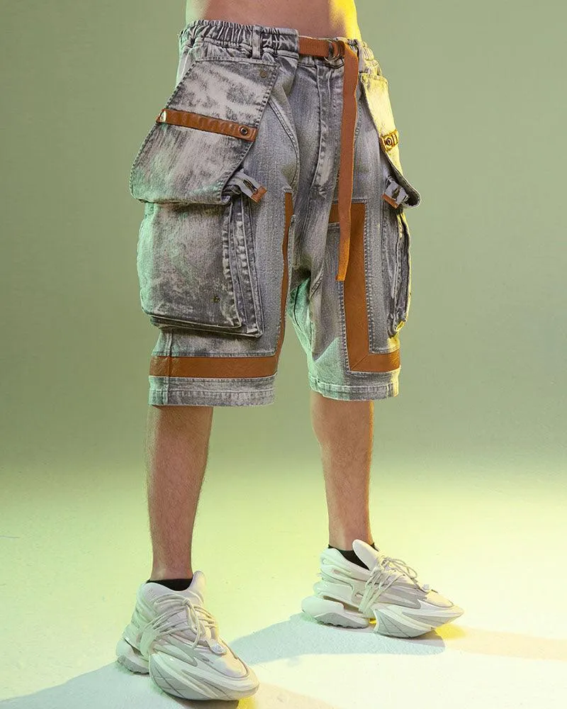 XIPHEVIL Cyberpunk Meteorite Washed Cargo Denim Shorts