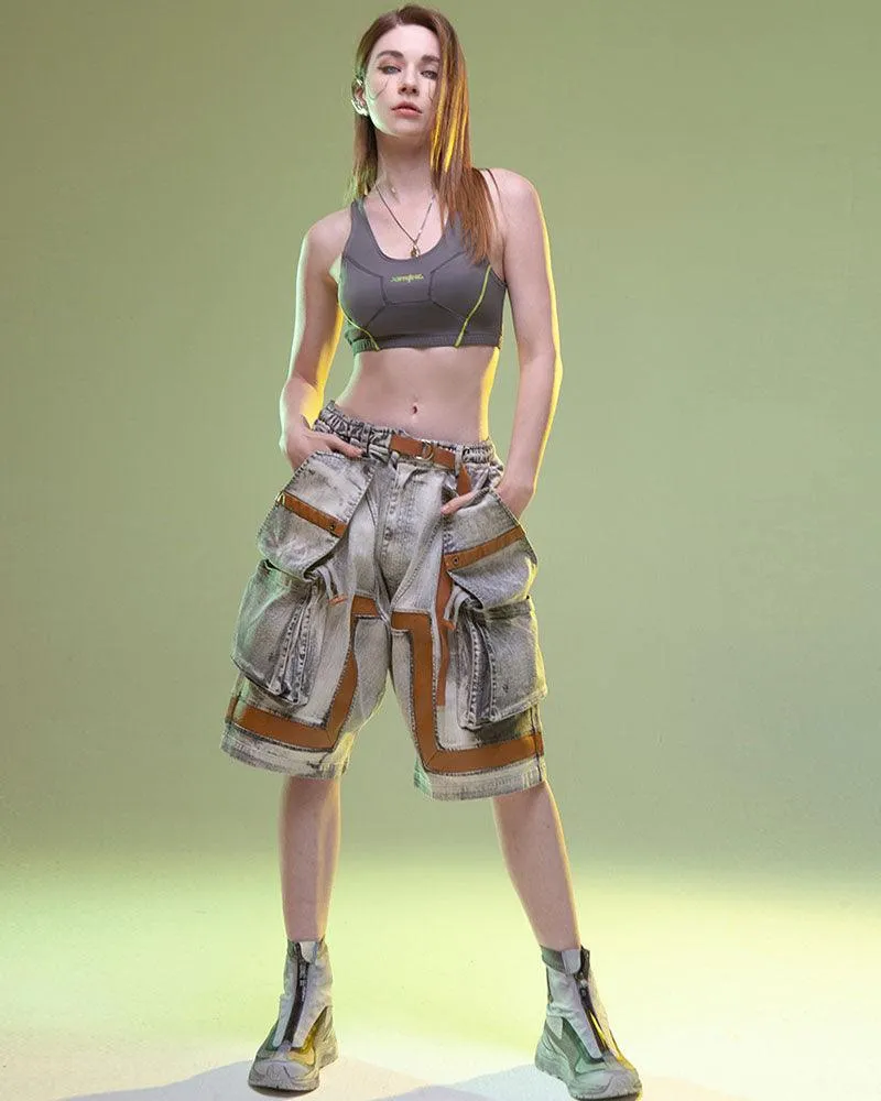 XIPHEVIL Cyberpunk Meteorite Washed Cargo Denim Shorts