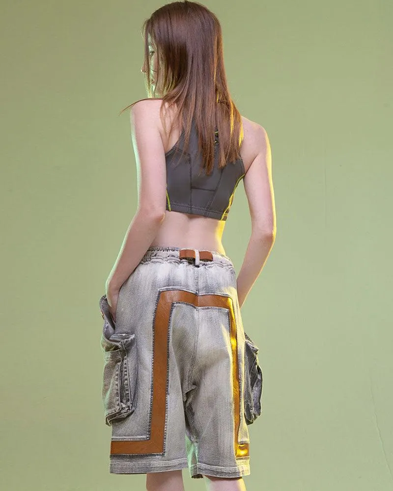 XIPHEVIL Cyberpunk Meteorite Washed Cargo Denim Shorts