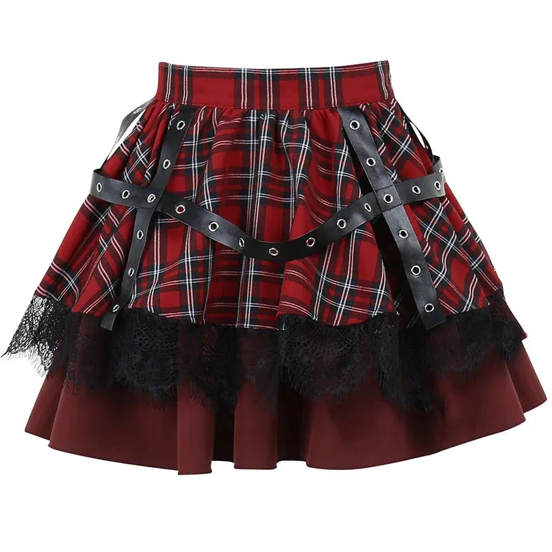 Y2k Pleated Lace Sweet Kawaii Harajuku Lolita Mini Gothic Cake Plaid Girls Skirt